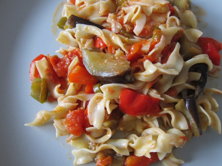 Egg Noodles with Sea Scallops in Eggplant/Tomato Sauce by Harini