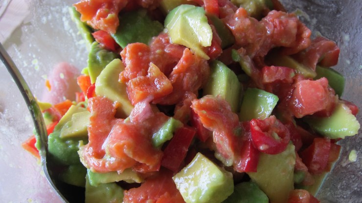 Mix the avocado, smoked salmon, and peppers TCP